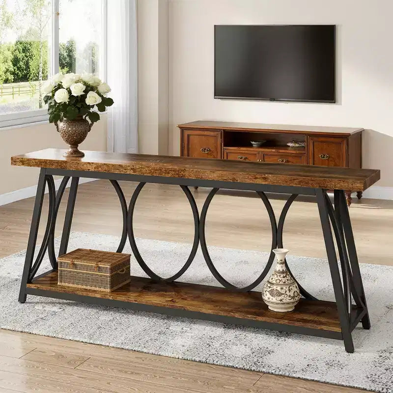 Tavolo console industriale da 70,9 pollici con piedini regolabili e ripiano aperto, marrone