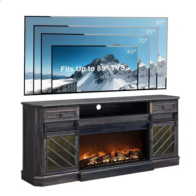 Mobile TV per caminetto da 75" con caminetto elettrico, telecomando, 2 cassetti e porta scorrevole stile fienile