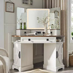SinCiDo 48 Farmhouse Corner Vanity Desk, w/ 3 Way Mirror & Lights, Charging Station, Glass Tabletop, 3 Drawers and 2 Lockers, Bedroom Dressing Table