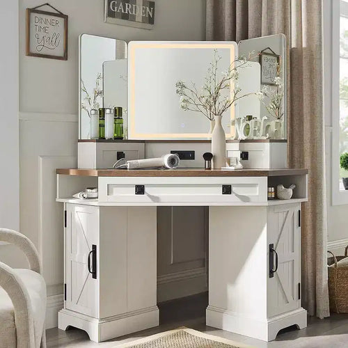 SinCiDo 48 Farmhouse Corner Vanity Desk, w/ 3 Way Mirror & Lights, Charging Station, Glass Tabletop, 3 Drawers and 2 Lockers, Bedroom Dressing Table