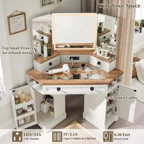 Mobile toeletta da 48" in stile rustico con specchio LED a 3 vie, stazione di ricarica, piano in vetro, 3 cassetti e 2 armadietti