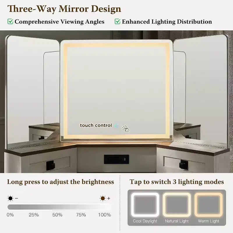 Mobile toeletta da 48" in stile rustico con specchio LED a 3 vie, stazione di ricarica, piano in vetro, 3 cassetti e 2 armadietti