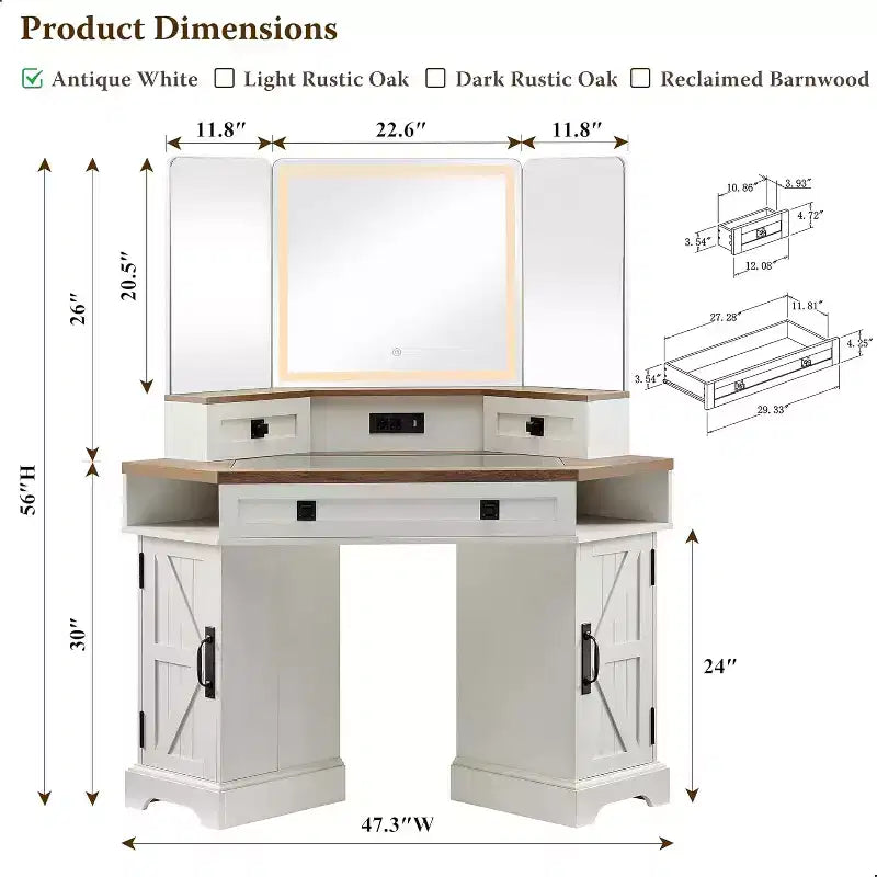 Mobile toeletta da 48" in stile rustico con specchio LED a 3 vie, stazione di ricarica, piano in vetro, 3 cassetti e 2 armadietti