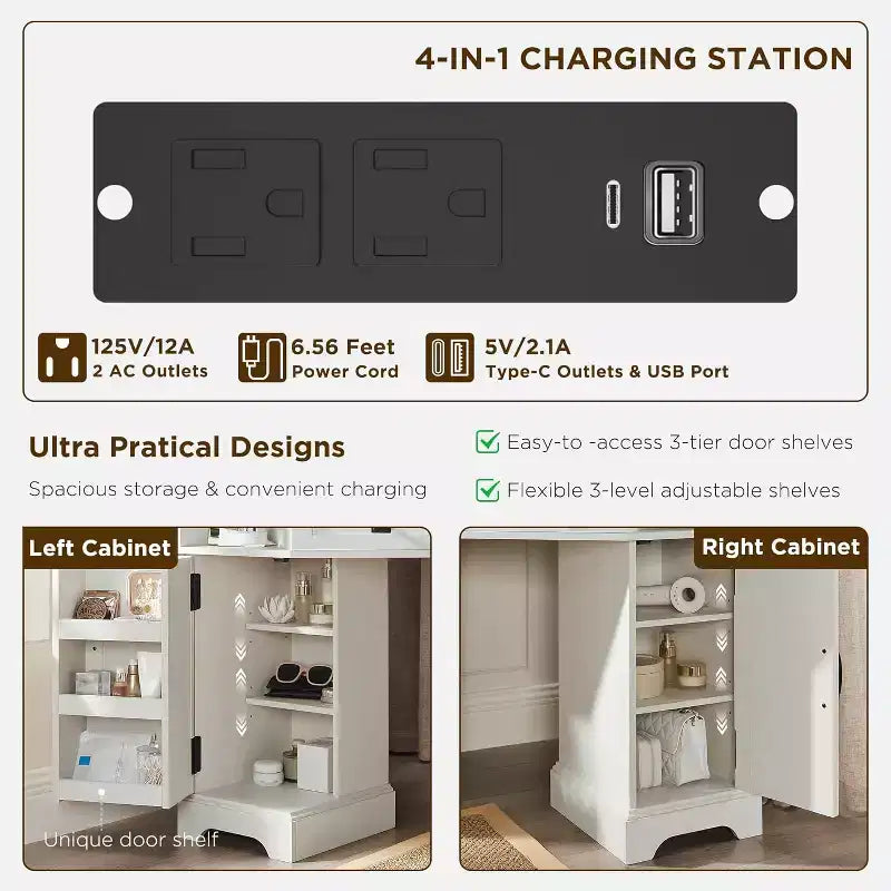 Mobile toeletta da 48" in stile rustico con specchio LED a 3 vie, stazione di ricarica, piano in vetro, 3 cassetti e 2 armadietti