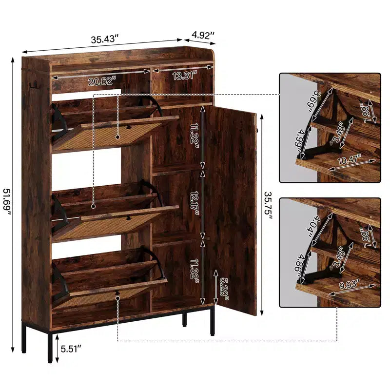 Scarpiera in Rattan con 3 Cassetti a Ribalta - Organizzatore per Scarpe Stretto a 4 Ripiani per Ingresso