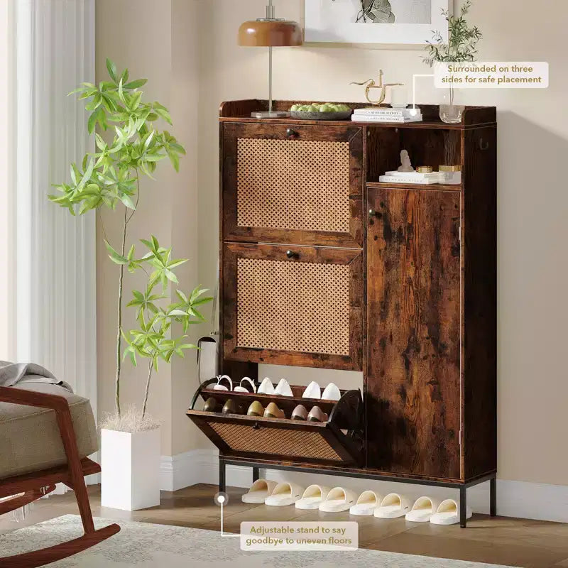 Scarpiera in Rattan con 3 Cassetti a Ribalta - Organizzatore per Scarpe Stretto a 4 Ripiani per Ingresso
