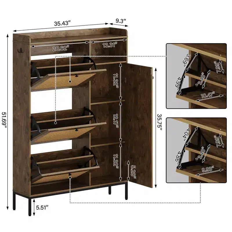 Scarpiera in Rattan con 3 Cassetti a Ribalta - Organizzatore per Scarpe Stretto a 4 Ripiani per Ingresso