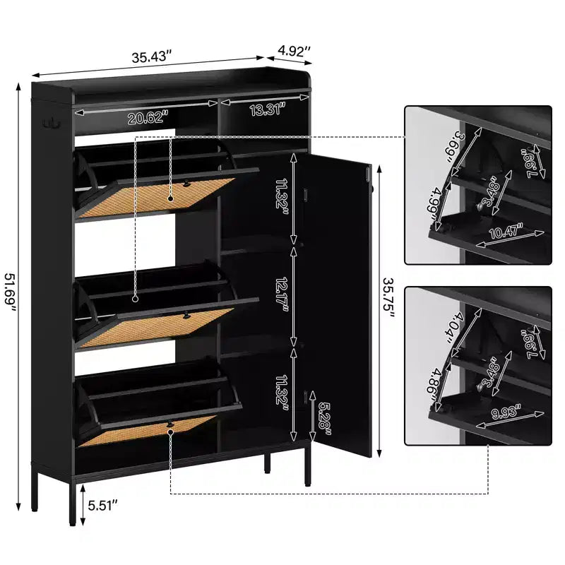 Scarpiera in Rattan con 3 Cassetti a Ribalta - Organizzatore per Scarpe Stretto a 4 Ripiani per Ingresso