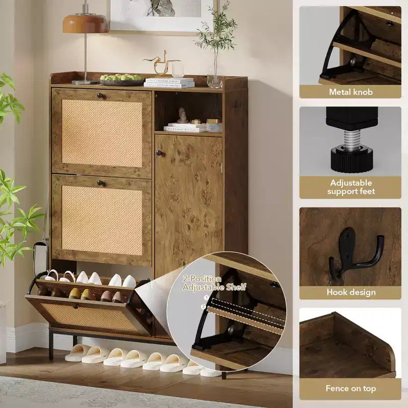 Scarpiera in Rattan con 3 Cassetti a Ribalta - Organizzatore per Scarpe Stretto a 4 Ripiani per Ingresso