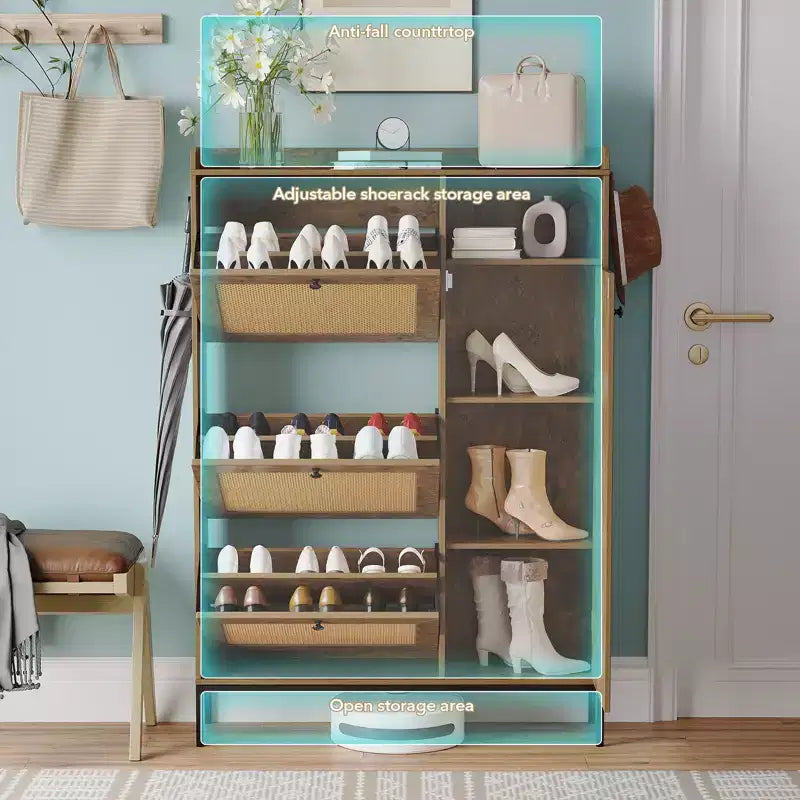 Scarpiera in Rattan con 3 Cassetti a Ribalta - Organizzatore per Scarpe Stretto a 4 Ripiani per Ingresso