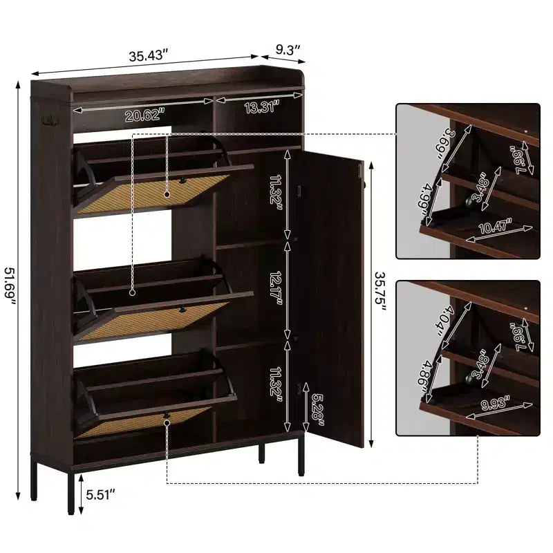 Scarpiera in Rattan con 3 Cassetti a Ribalta - Organizzatore per Scarpe Stretto a 4 Ripiani per Ingresso