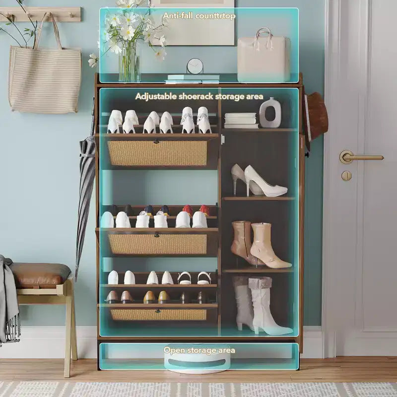 Scarpiera in Rattan con 3 Cassetti a Ribalta - Organizzatore per Scarpe Stretto a 4 Ripiani per Ingresso