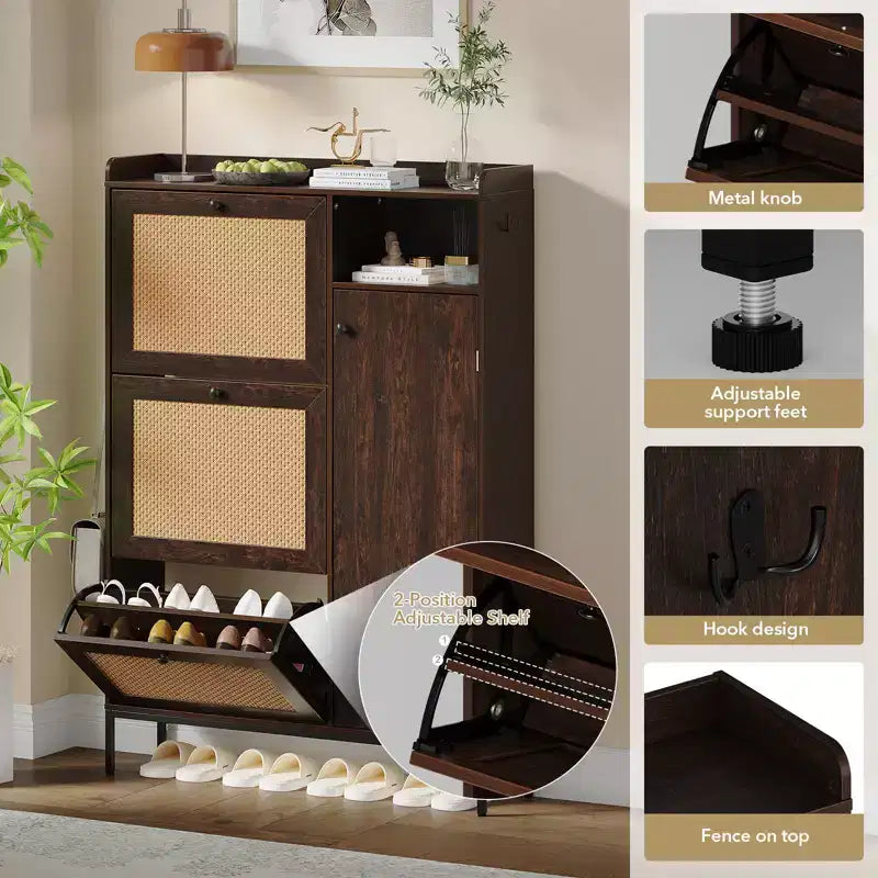 Scarpiera in Rattan con 3 Cassetti a Ribalta - Organizzatore per Scarpe Stretto a 4 Ripiani per Ingresso