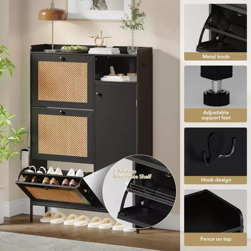 Scarpiera in Rattan con 3 Cassetti a Ribalta - Organizzatore per Scarpe Stretto a 4 Ripiani per Ingresso