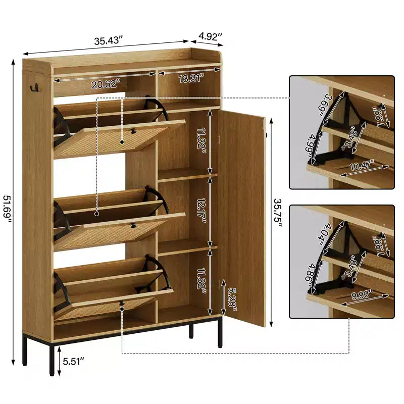 Scarpiera in Rattan con 3 Cassetti a Ribalta - Organizzatore per Scarpe Stretto a 4 Ripiani per Ingresso