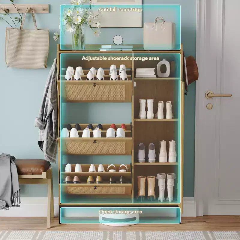 Scarpiera in Rattan con 3 Cassetti a Ribalta - Organizzatore per Scarpe Stretto a 4 Ripiani per Ingresso