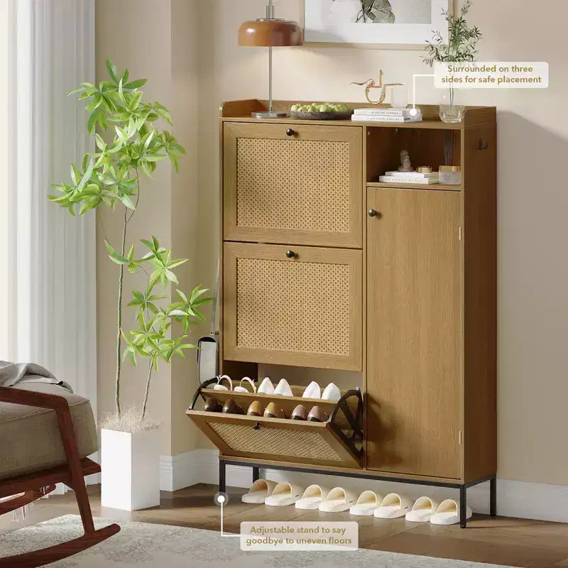 Scarpiera in Rattan con 3 Cassetti a Ribalta - Organizzatore per Scarpe Stretto a 4 Ripiani per Ingresso