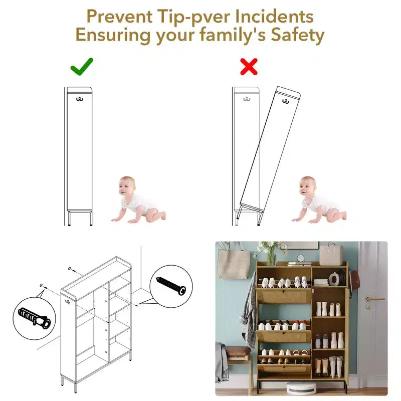 Scarpiera in Rattan con 3 Cassetti a Ribalta - Organizzatore per Scarpe Stretto a 4 Ripiani per Ingresso