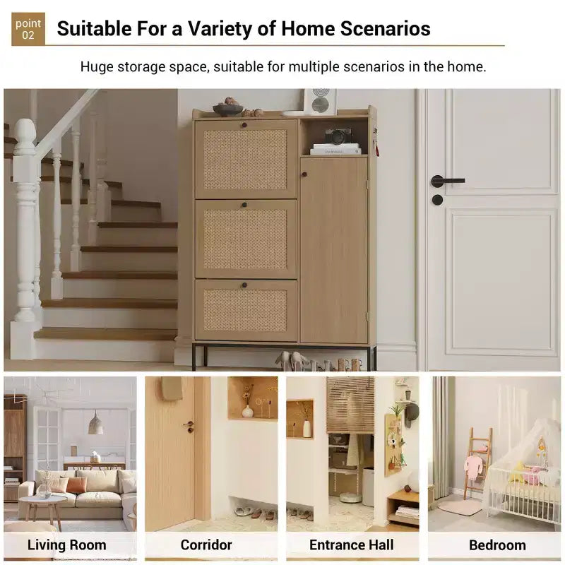 Scarpiera in Rattan con 3 Cassetti a Ribalta - Organizzatore per Scarpe Stretto a 4 Ripiani per Ingresso