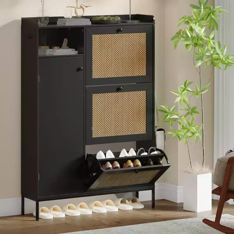 Scarpiera in Rattan con 3 Cassetti a Ribalta - Organizzatore per Scarpe Stretto a 4 Ripiani per Ingresso