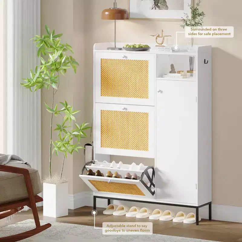 Scarpiera in Rattan con 3 Cassetti a Ribalta - Organizzatore per Scarpe Stretto a 4 Ripiani per Ingresso
