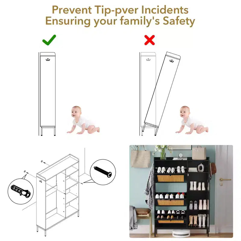 Scarpiera in Rattan con 3 Cassetti a Ribalta - Organizzatore per Scarpe Stretto a 4 Ripiani per Ingresso