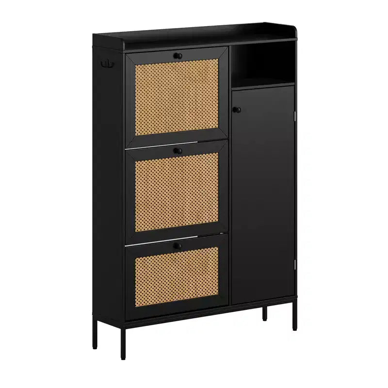 Scarpiera in Rattan con 3 Cassetti a Ribalta - Organizzatore per Scarpe Stretto a 4 Ripiani per Ingresso