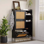 Rattan Shoe Cabinet with 3 Flip Drawers, Hidden Shoe Storage Cabinet, Wooden Narrow 4 Tier Shoe Organizer for Entryway Hallway Living Room
