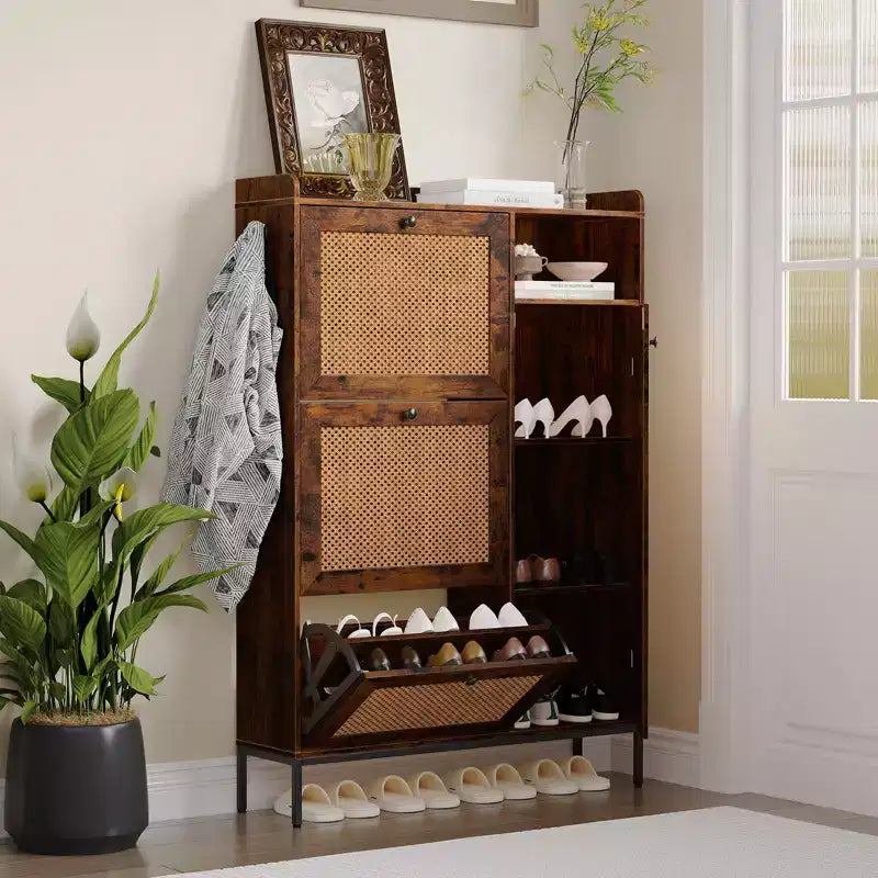 Scarpiera in Rattan con 3 Cassetti a Ribalta - Organizzatore per Scarpe Stretto a 4 Ripiani per Ingresso
