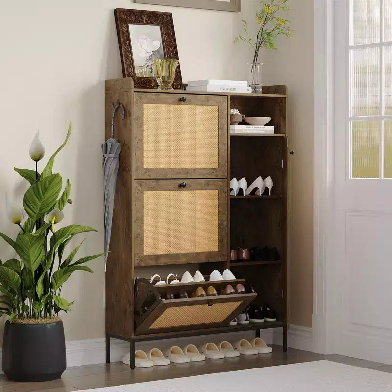 Scarpiera in Rattan con 3 Cassetti a Ribalta - Organizzatore per Scarpe Stretto a 4 Ripiani per Ingresso