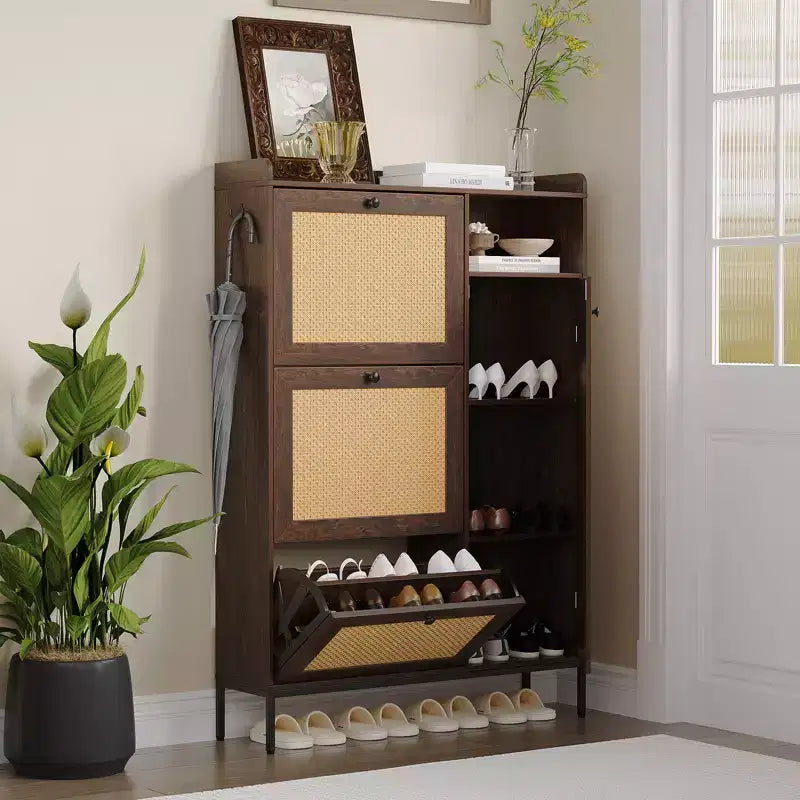 Scarpiera in Rattan con 3 Cassetti a Ribalta - Organizzatore per Scarpe Stretto a 4 Ripiani per Ingresso
