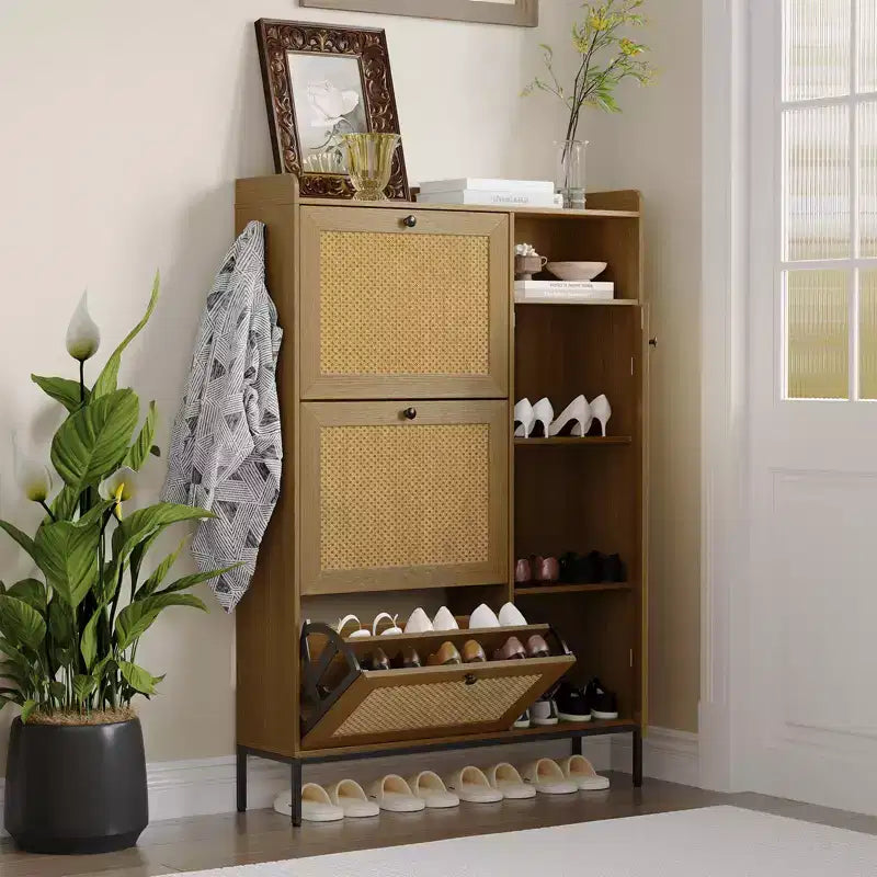 Scarpiera in Rattan con 3 Cassetti a Ribalta - Organizzatore per Scarpe Stretto a 4 Ripiani per Ingresso