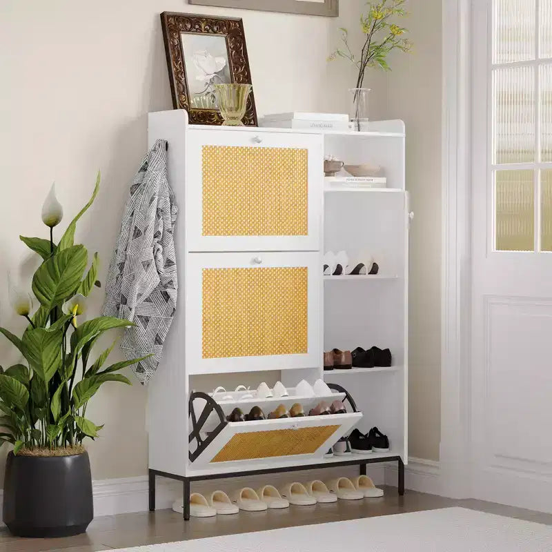 Scarpiera in Rattan con 3 Cassetti a Ribalta - Organizzatore per Scarpe Stretto a 4 Ripiani per Ingresso