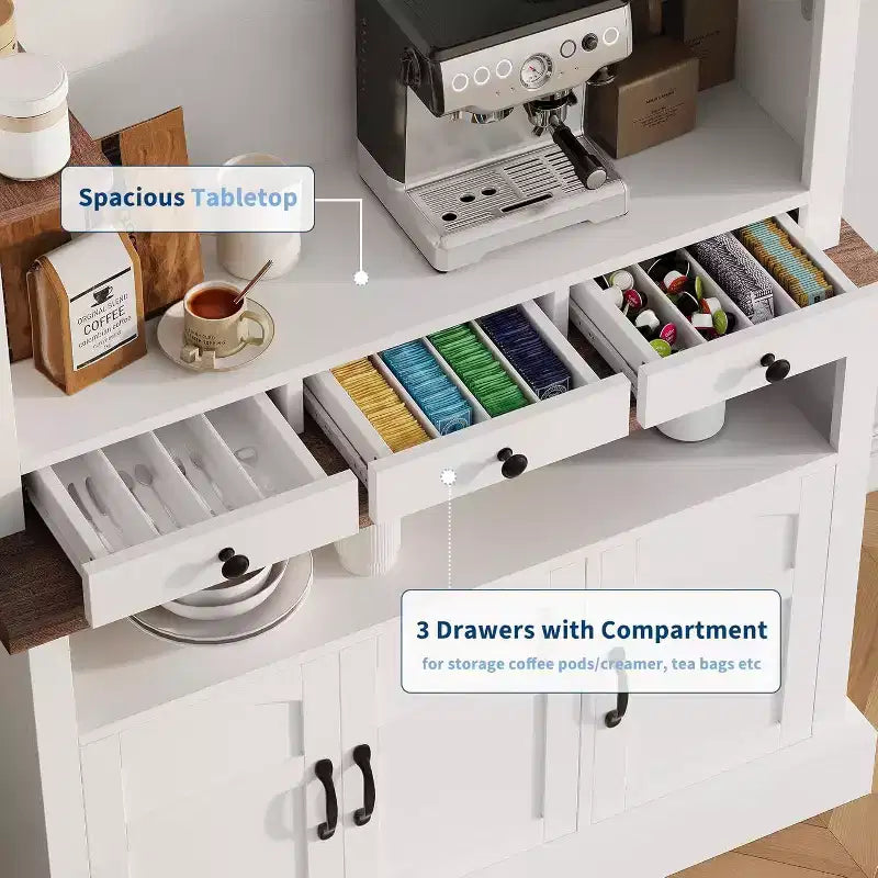Mobile Buffet da Cucina Alto 183 cm in Stile Farmhouse con Luci a LED, Ante, Cassetto e Ripiani Regolabili