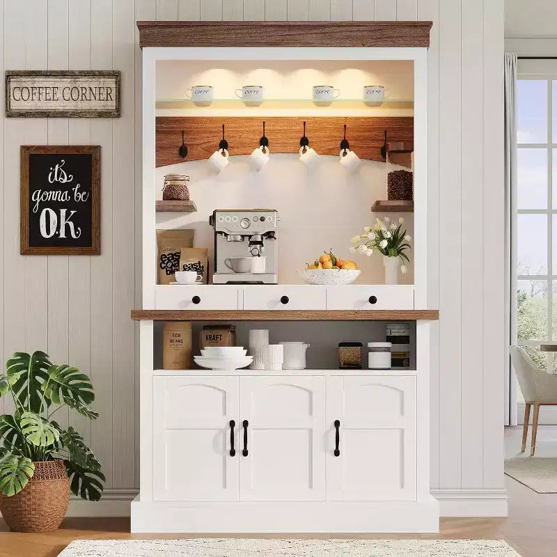 Mobile Buffet da Cucina Alto 183 cm in Stile Farmhouse con Luci a LED, Ante, Cassetto e Ripiani Regolabili