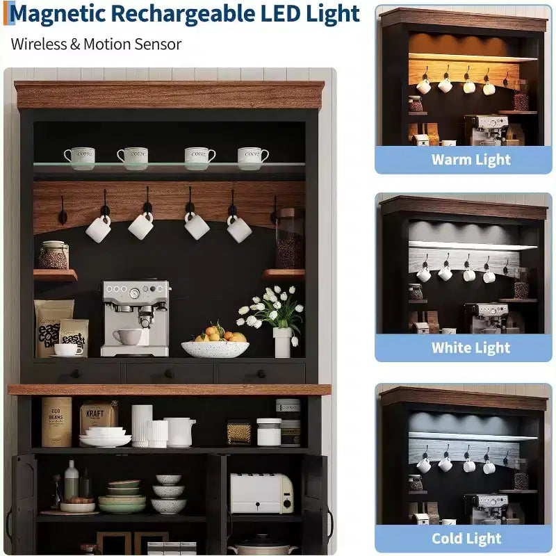 Mobile Buffet da Cucina Alto 183 cm in Stile Farmhouse con Luci a LED, Ante, Cassetto e Ripiani Regolabili