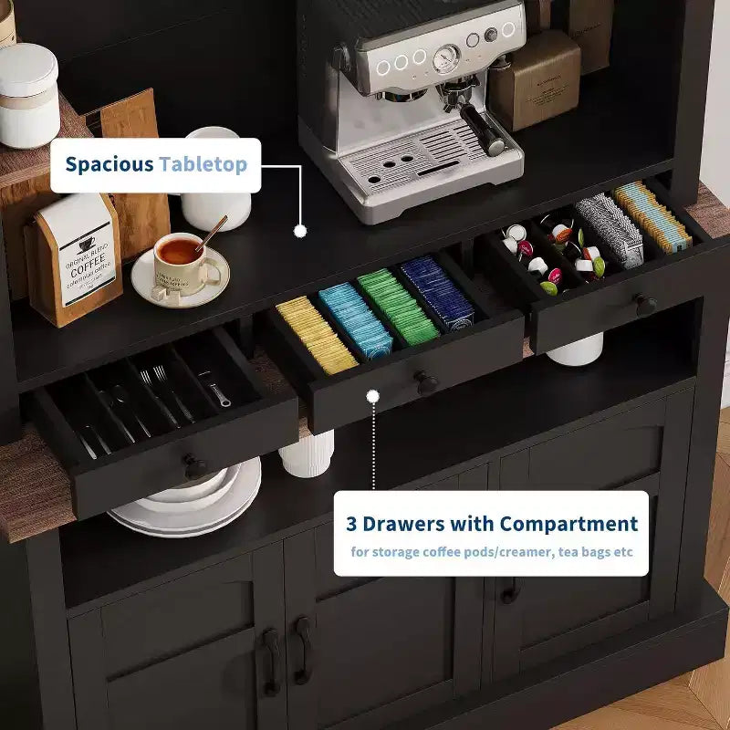 Mobile Buffet da Cucina Alto 183 cm in Stile Farmhouse con Luci a LED, Ante, Cassetto e Ripiani Regolabili