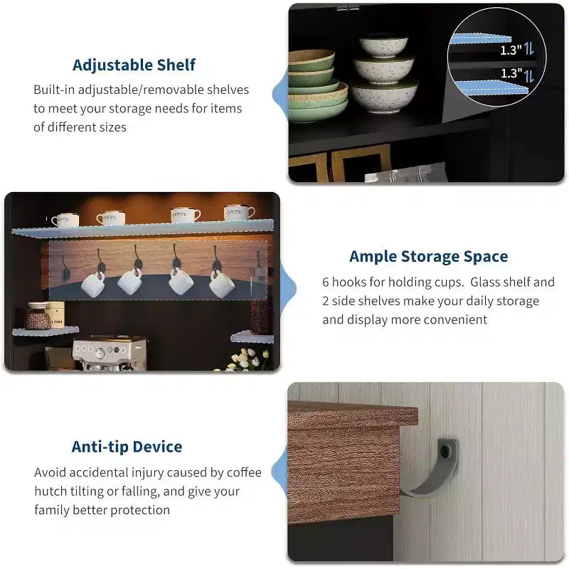 Mobile Buffet da Cucina Alto 183 cm in Stile Farmhouse con Luci a LED, Ante, Cassetto e Ripiani Regolabili