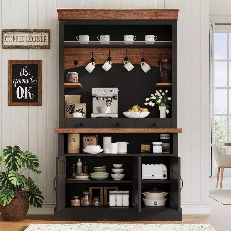 Mobile Buffet da Cucina Alto 183 cm in Stile Farmhouse con Luci a LED, Ante, Cassetto e Ripiani Regolabili
