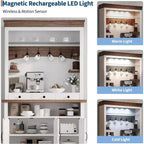 Mobile Buffet da Cucina Alto 183 cm in Stile Farmhouse con Luci a LED, Ante, Cassetto e Ripiani Regolabili