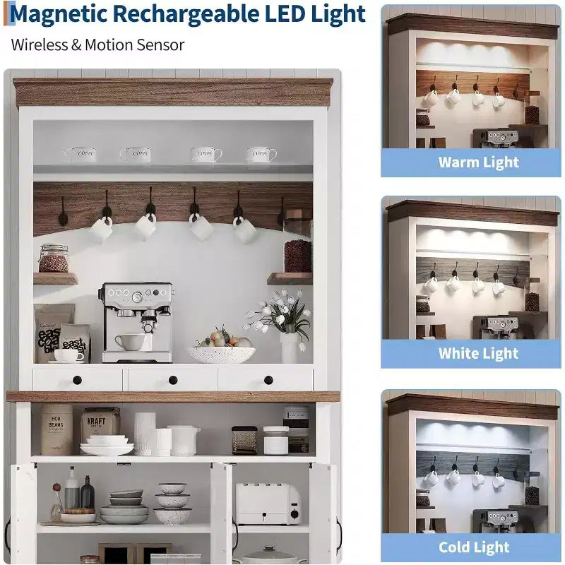 Mobile Buffet da Cucina Alto 183 cm in Stile Farmhouse con Luci a LED, Ante, Cassetto e Ripiani Regolabili
