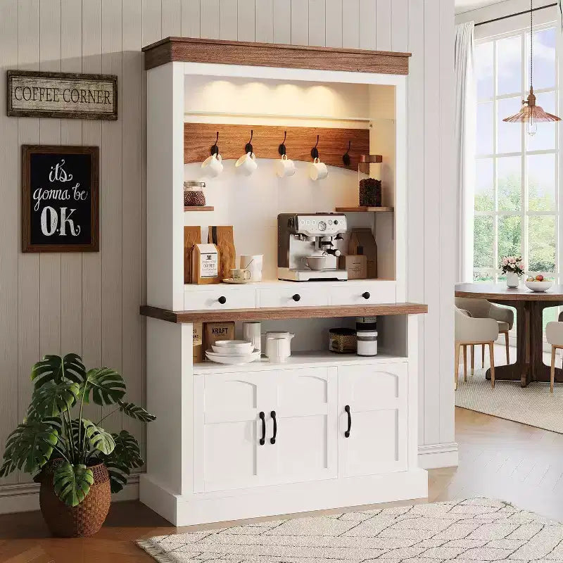 Mobile Buffet da Cucina Alto 183 cm in Stile Farmhouse con Luci a LED, Ante, Cassetto e Ripiani Regolabili