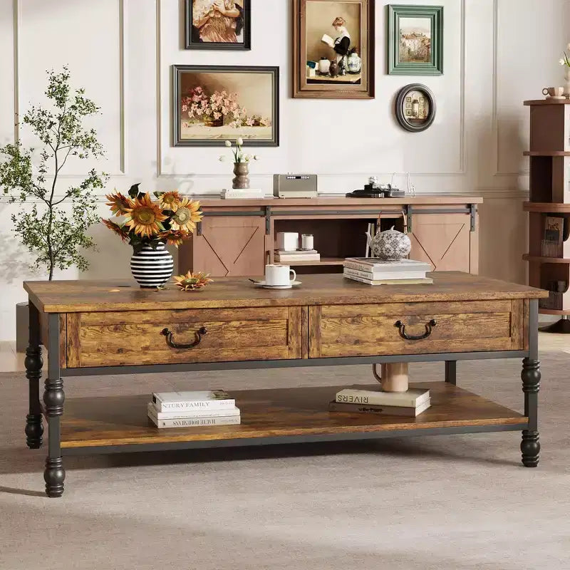Tavolino da caffè moderno di metà secolo da 41" con 2 cassetti e ripiano portaoggetti, marrone rustico