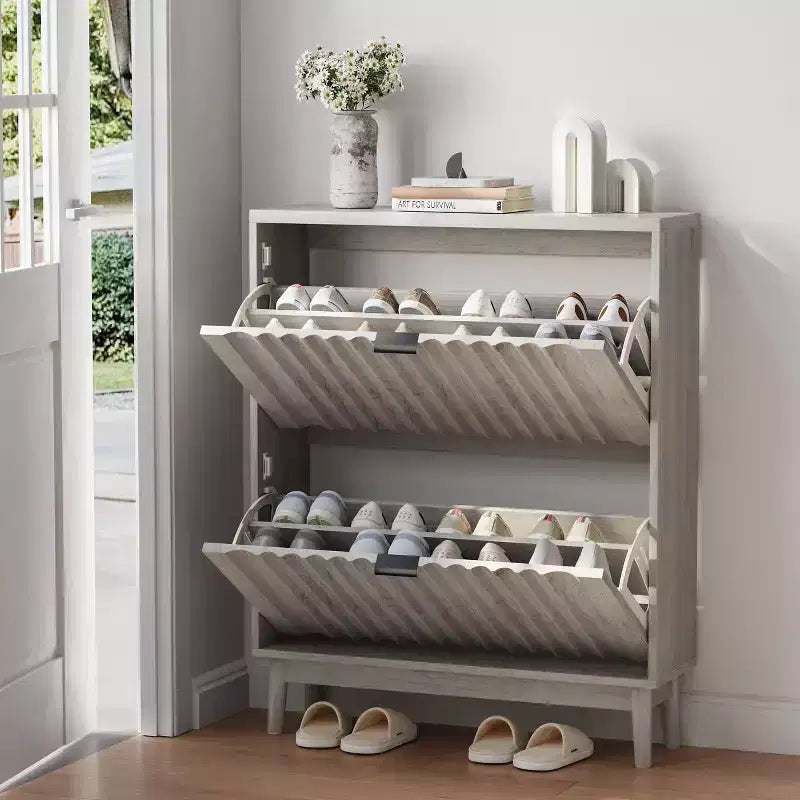 Scarpiera con ante a onda, 2 cassetti a ribalta, organizzatore di scarpe autoportante per ingresso, corridoio, grigio