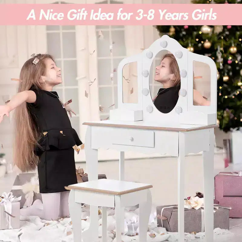 Set Tavolino da Trucco per Bambini con Specchio Triplo Illuminato e Sgabello