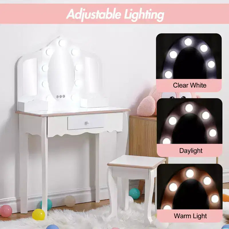 Set Tavolino da Trucco per Bambini con Specchio Triplo Illuminato e Sgabello