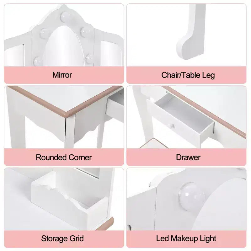 Set Tavolino da Trucco per Bambini con Specchio Triplo Illuminato e Sgabello