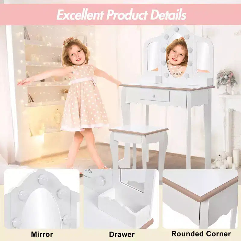 Set Tavolino da Trucco per Bambini con Specchio Triplo Illuminato e Sgabello
