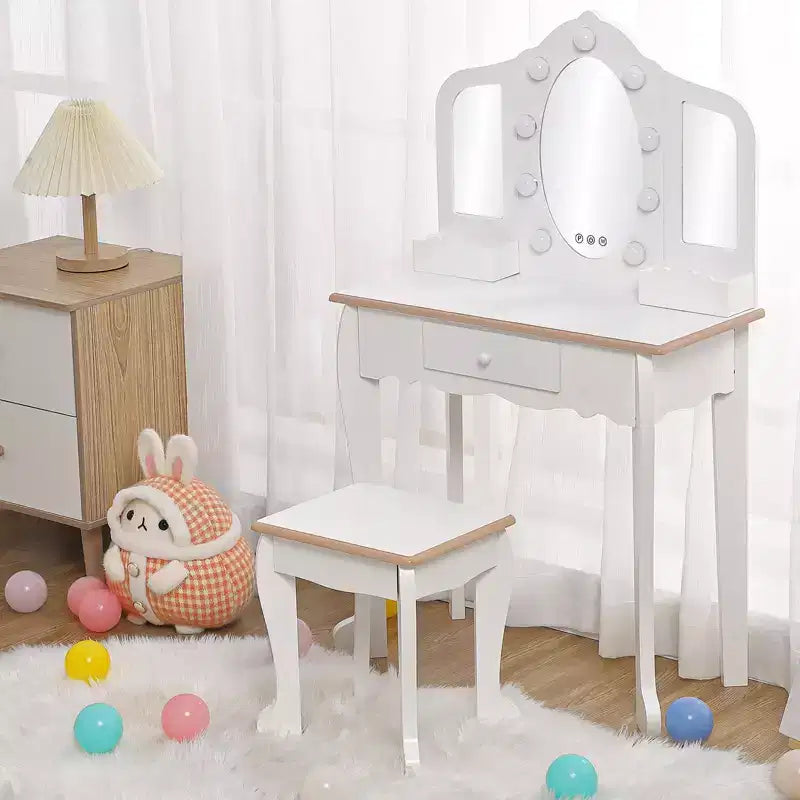Set Tavolino da Trucco per Bambini con Specchio Triplo Illuminato e Sgabello