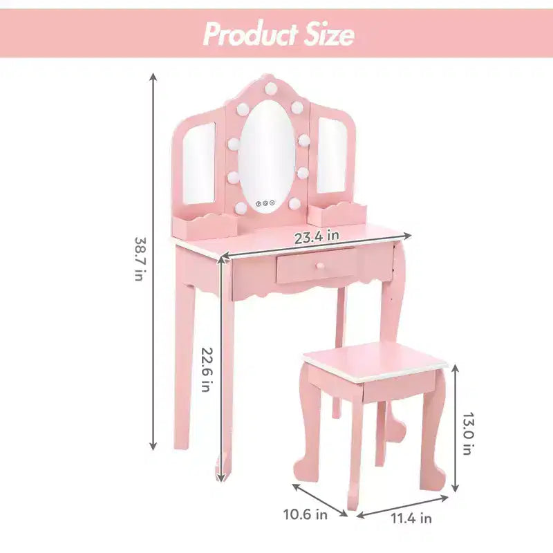 Set Tavolino da Trucco per Bambini con Specchio Triplo Illuminato e Sgabello